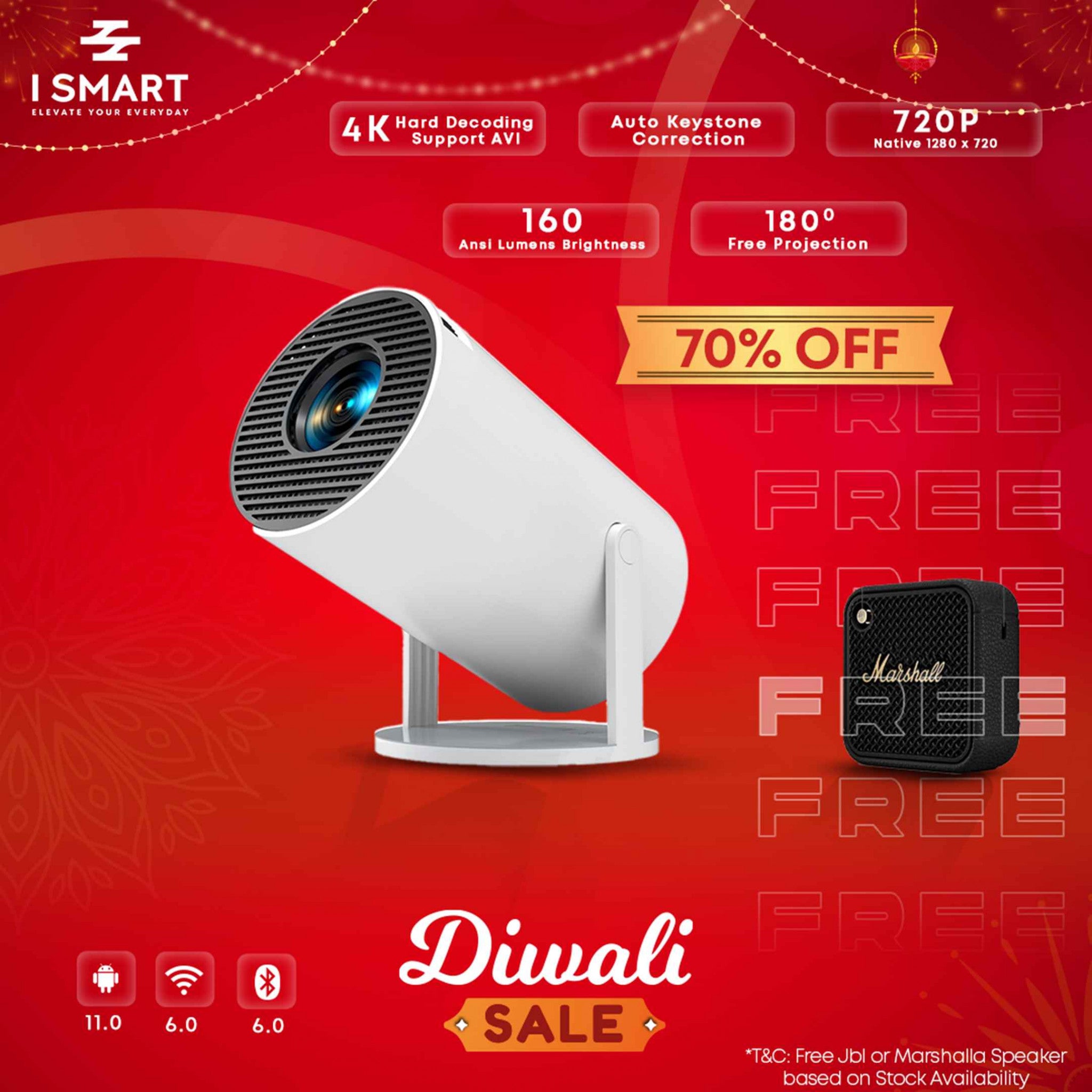 I Smart  4k Android Projector with HDMI, Wifi, Jiostar, Netflix, Youtube, built speaker